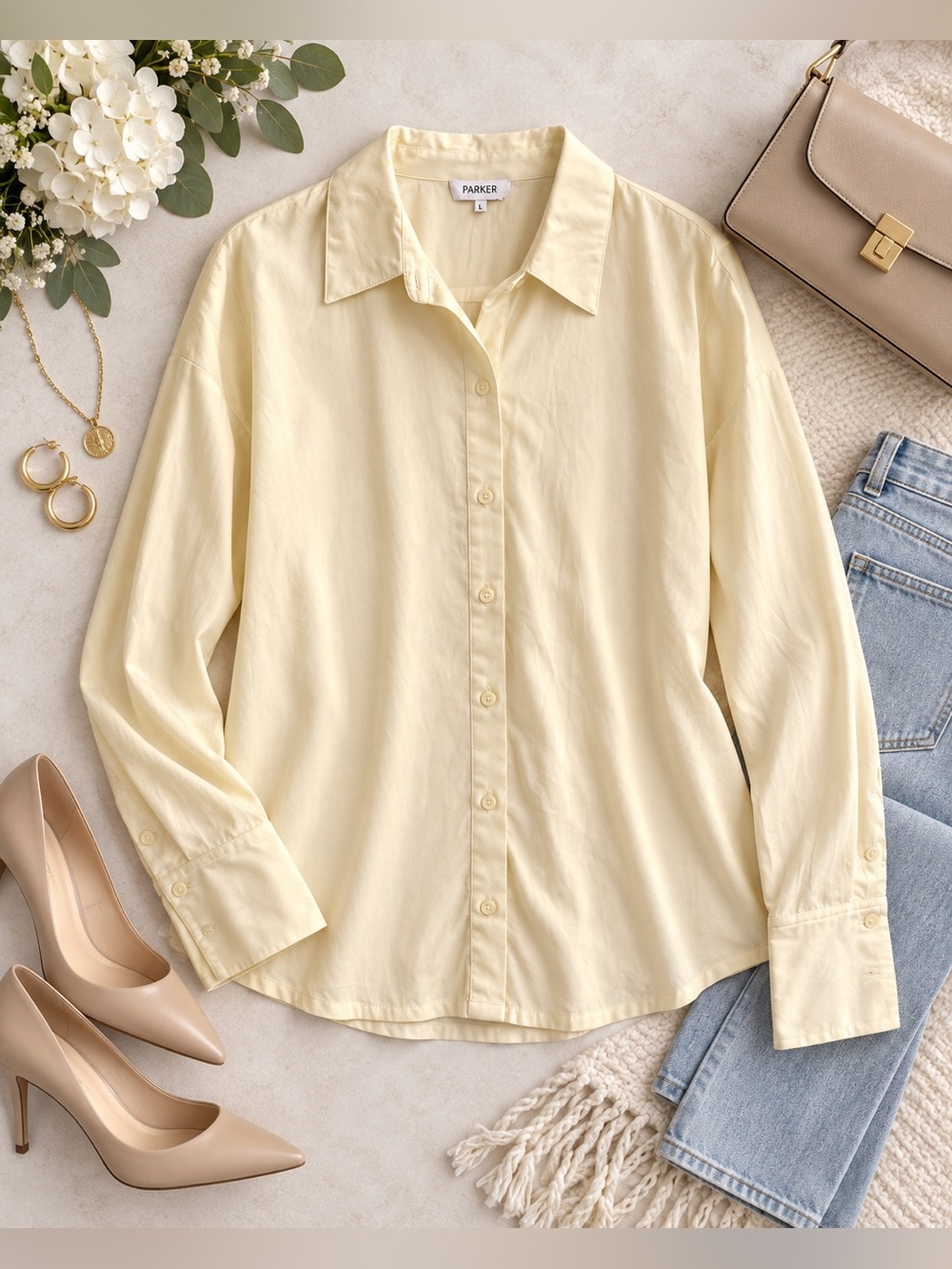 Parker Women’s Large Cream Button Front Blouse Sheer Printed Back Panel NWT